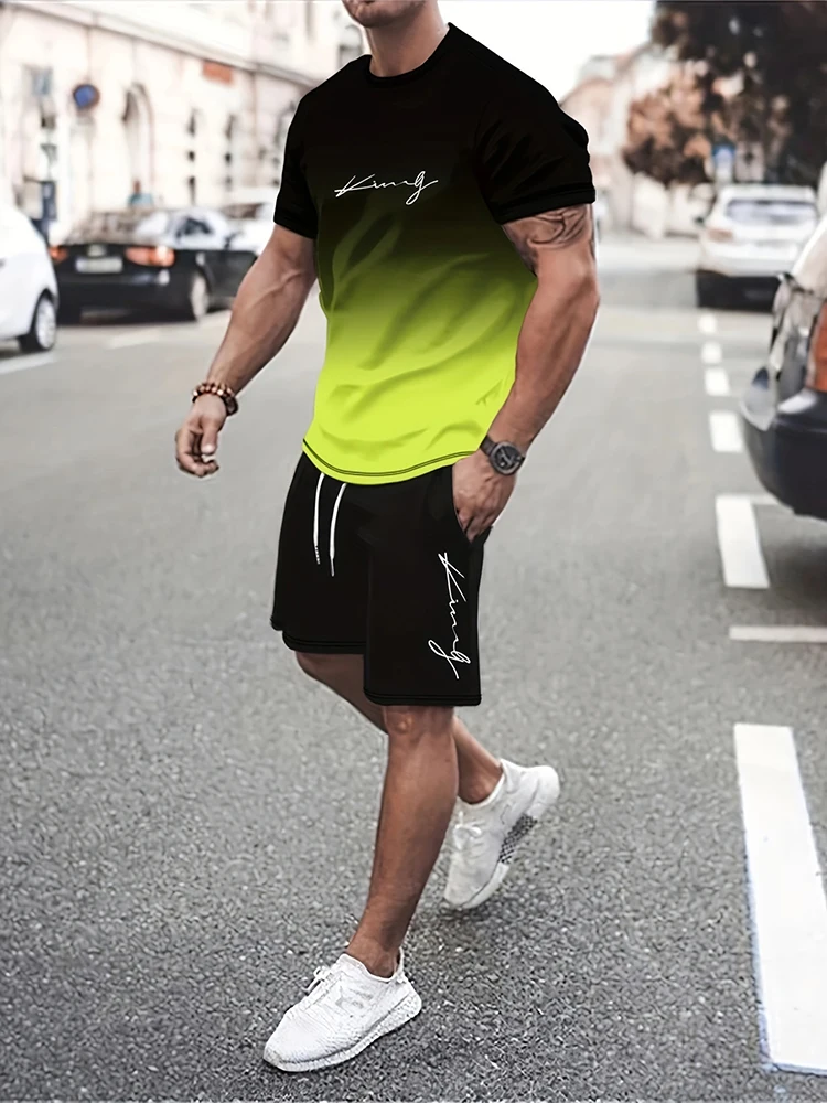 Terno casual de verão masculino, camiseta confortável e solta, shorts para esportes ao ar livre, nova impressão de texto, moda de rua, novo, 2024