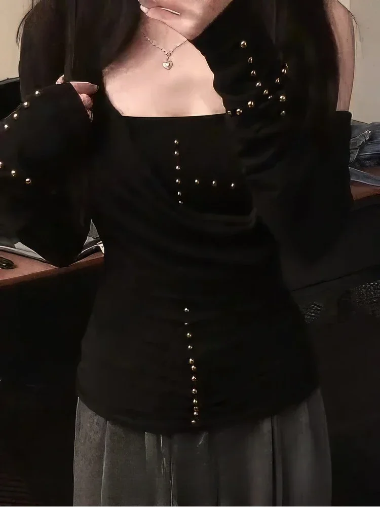 Sexy Harajuku 2025 Ropa Mujer Casual Tshirts Gothic Black Woman T-Shirt Y2k Crop Tops Slash Neck Long Sleeve Tees Fashion Korean