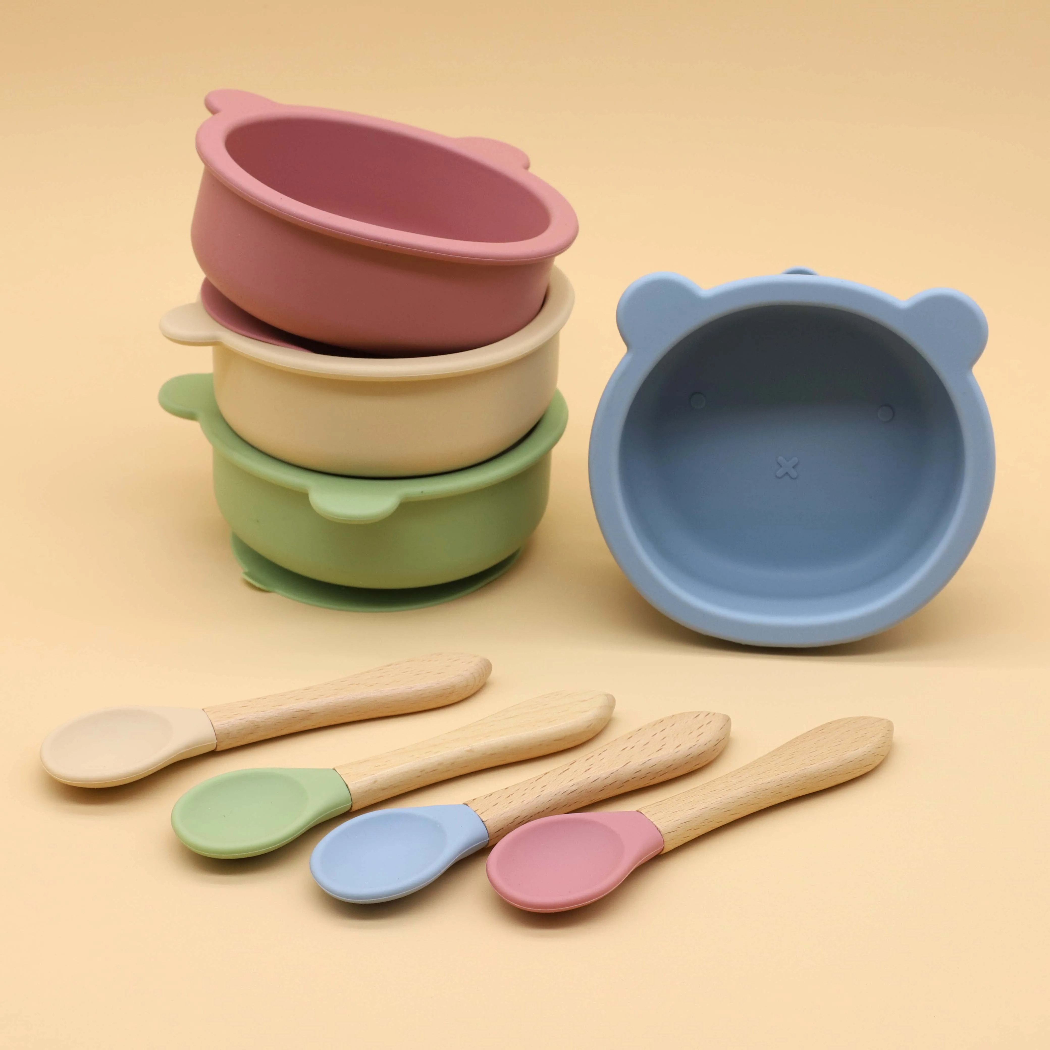 2pcs silicone cartoon teddy bear bowl with suction cups, wooden handle spoon set, complementary food tableware for babies