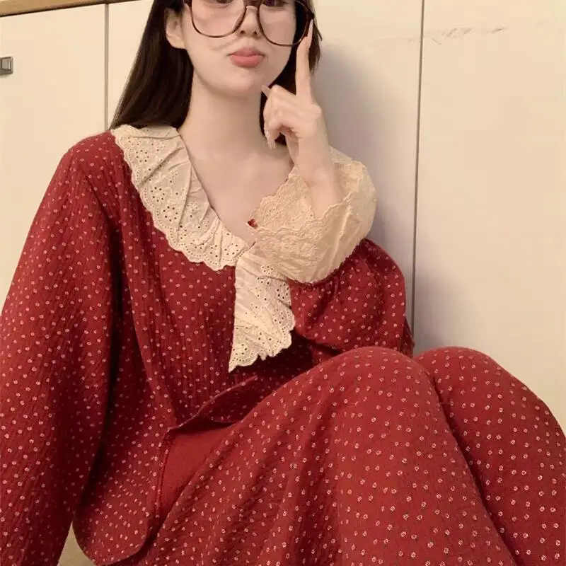 

Горячие пижамные комплекты с кружевными краями для девочек, брюки принцессы каваи с длинными рукавами, милая одежда для отдыха, весенне-осенняя одежда для сна, новинка