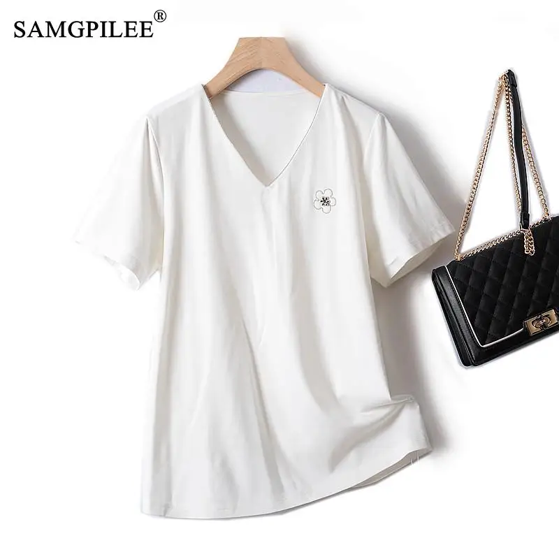 

T Shirt Women 2022 New Simple And Comfortable Stretch Cotton V-neck Trim Drape Thin Summer Cool Solid Woman Clothes 4XL