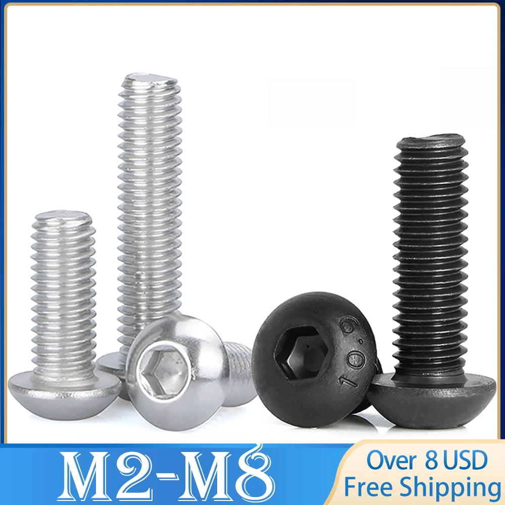 10/50pcs M2 M2.5 M3 M4 M5 M6 304 A2-70 Stainless Steel Black Grade 10.9 ISO7380 Hexagon Hex Socket Head Button Allen Bolt Screw