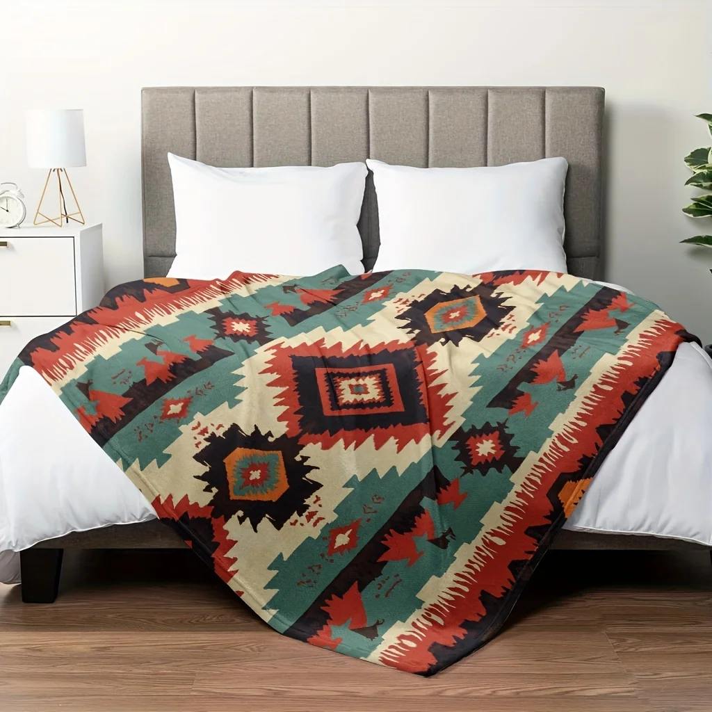Red Green Cream Navajo Diamond Geometric Flannel Throw Blanket, Soft Warm Blanket Sofa Bed Bedroom, Tribal Boho Home Decor Gift
