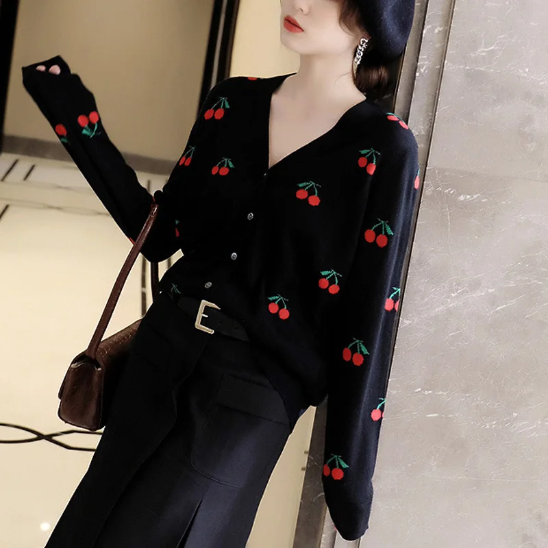 2024 Spring Sweet cherry Priented Women Cardigans Elegant Long Sleeve V Neck Women Tops