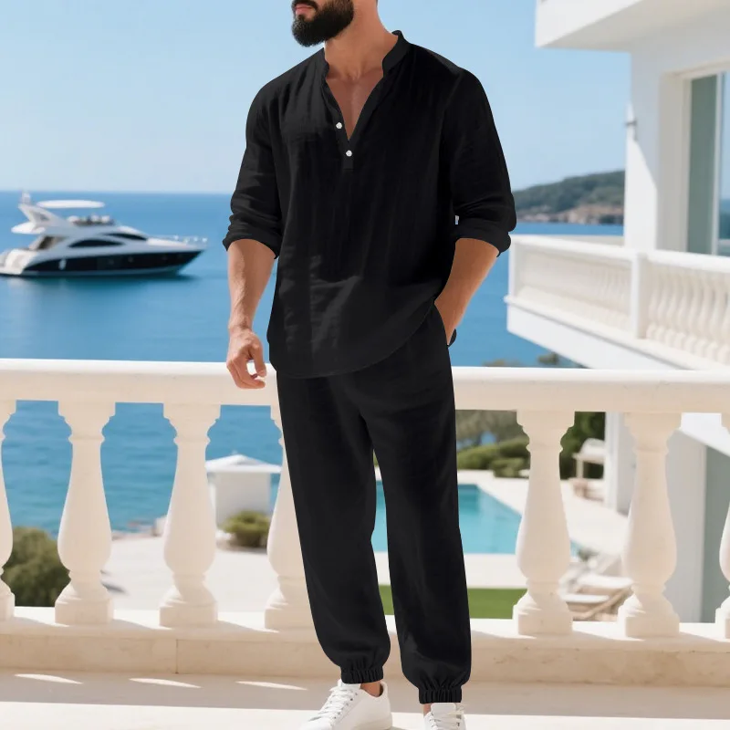 

Mens American Retro Linen Henley Set Long Sleeve Shirt Pants Autumn Thin Breathable Hawaiian Vacation Streetwear 2 Piece Outfits