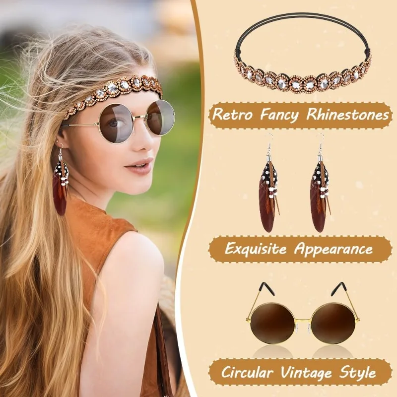 5 Pcs Hippie Costume Accessories for Women,Disco 70s Hippie Outfit Sleeveless Fringe Vest Bohemian Feather Earrings and Headband view 3