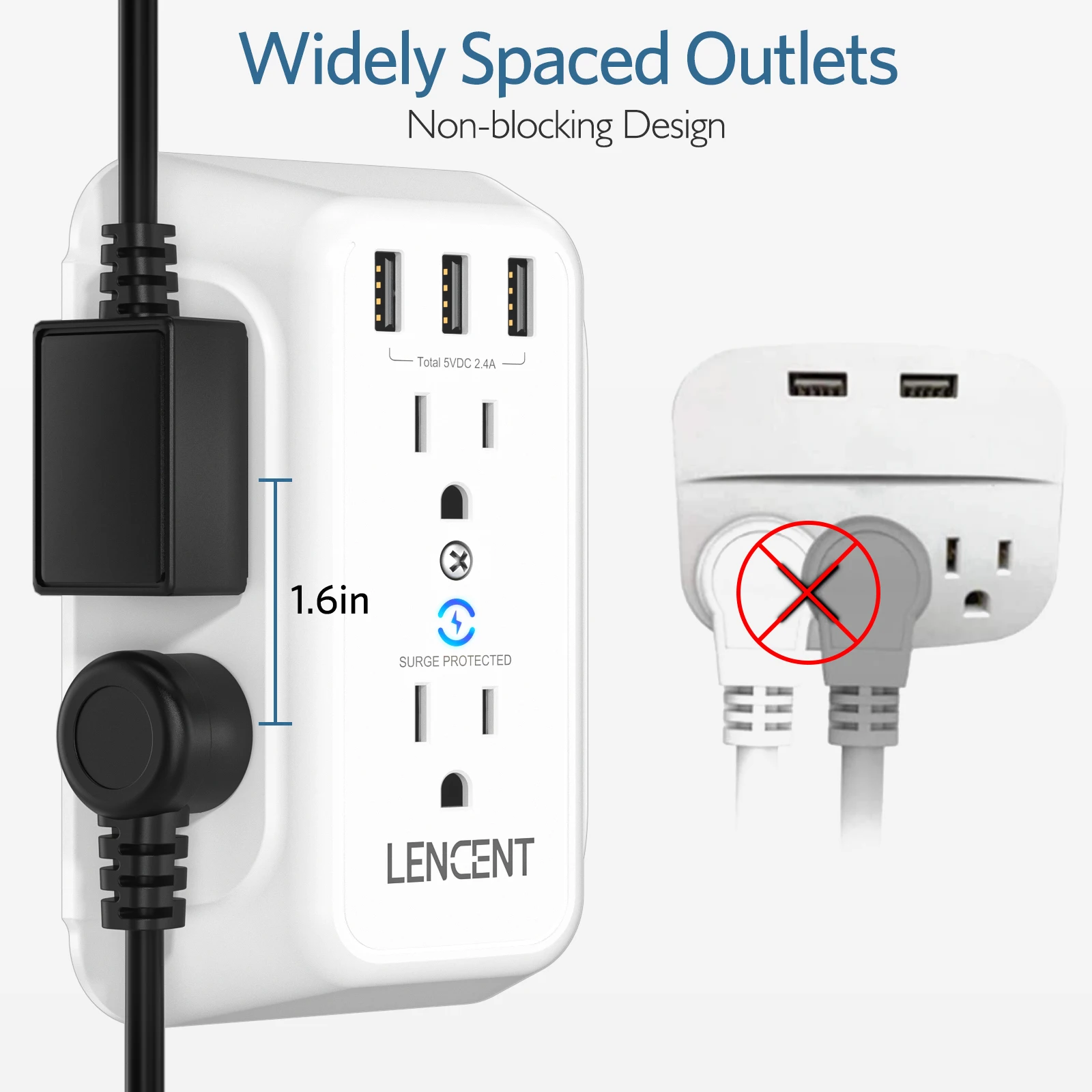 LENCENT Multi Plug Outlet Extender with 6 Outlets 3 USB Wall Charger  3 Prong Plug Power Charging Box Expander for Home Office