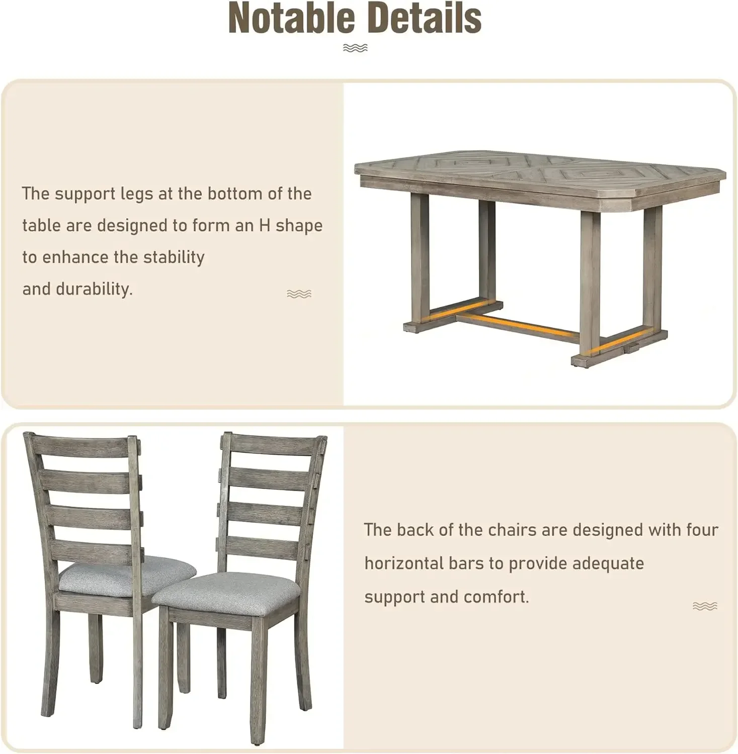 6-Piece Rubber Wood Dining Table Set with 4 Cushioned Chairs and Bench, Beautiful Wooden Grain Pattern Tabletop, Grey