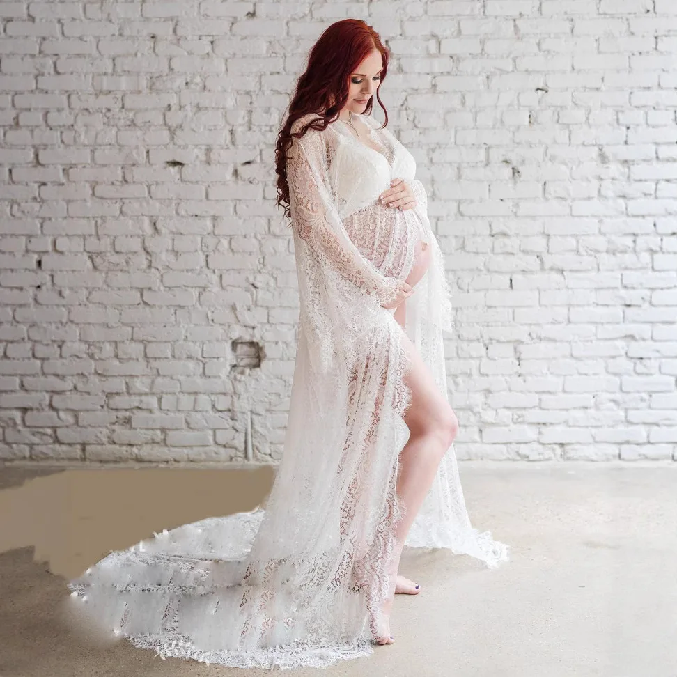 

Maternity Photoshoot Dress Lace Trimmed Long Maxi Gown with Drawstring Waist & Floor-Length Train Photography Pregnancy Women