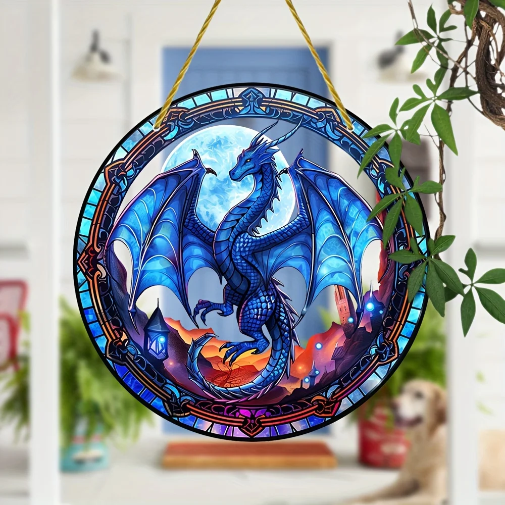 Blue Ice Dragon Suncatcher-Acrylic Translucent Hanging Sign,Round Stained Glass Wreath For Windows&Walls,Parties Decor Gifts