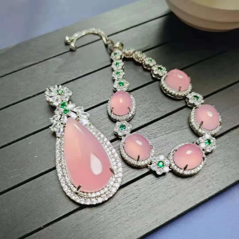 

Genuine Myanmar Jadeite Grade A Burma Pink Jade Water Droplet Pendant Necklace And Flower Emerald Jade Bracelet Jewelry Set