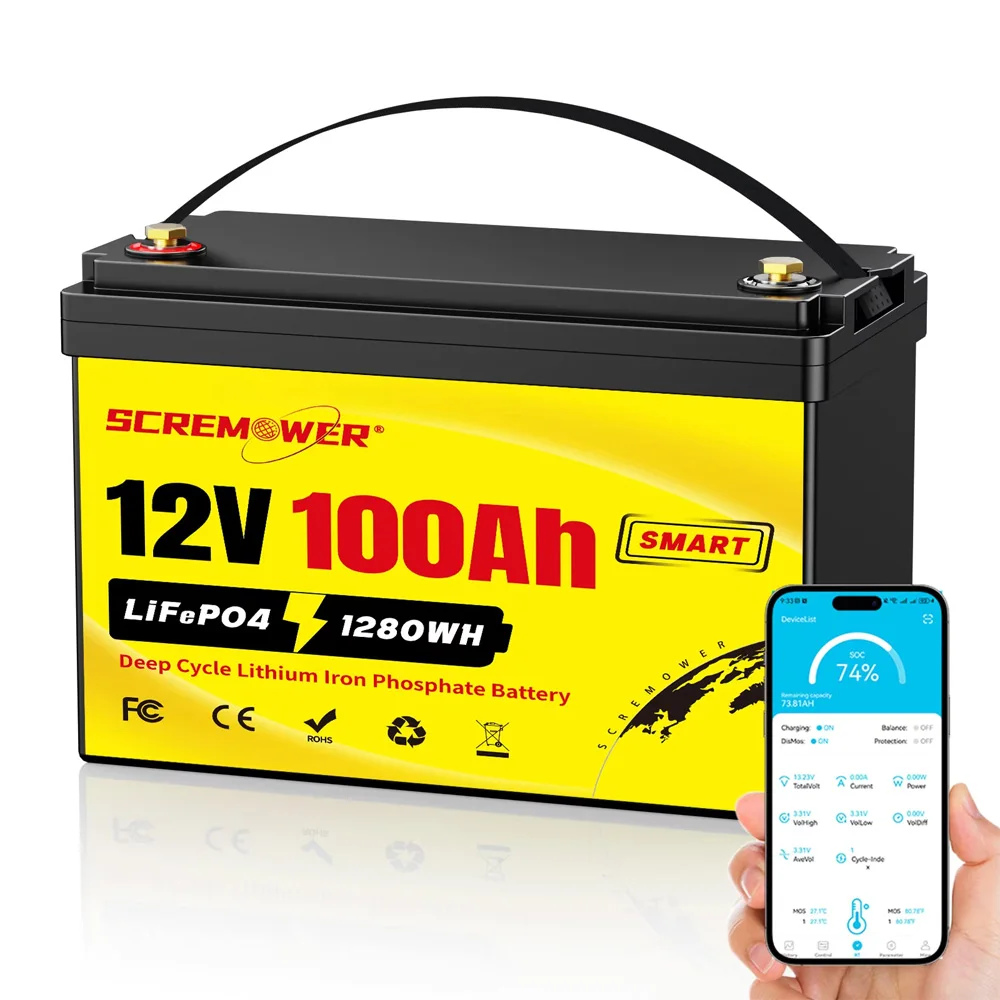 12V 100Ah LiFePO4 Lithium Battery with Bluetooth BMS 1280Wh Rechargeable Batteries Power Bank for Camper Marine Boat RV Solar