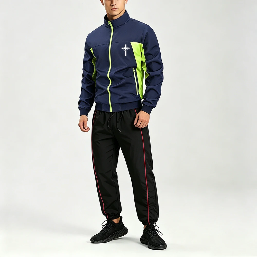 

Men 2 Piece Contrast Color Tracksuit Zip Up Jacket & Drawstring Black Red Line Pants Casual Sportswear Set Cross Thorns Print