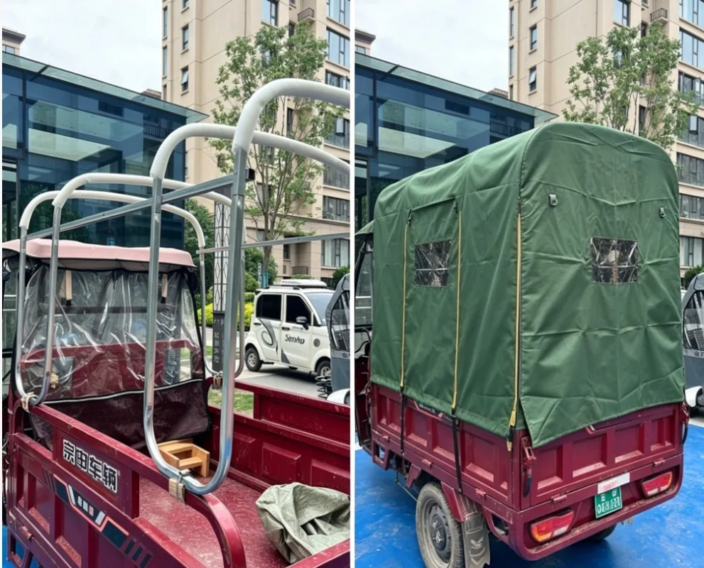 Robuste Wasserdichte Dreirad-Plane mit Hoher Kuppel, 3-Seitigem Reißverschluss, Aufgenähtem Reflektorstreifen, Transparentem PVC-Fenster und Reißfestigkeit