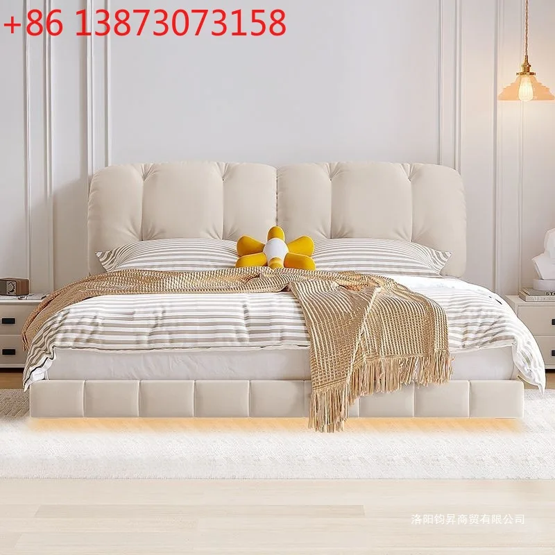 

New suspended household double bed master bedroom double bed high-end atmosphere with light modern simple soft bag double bed