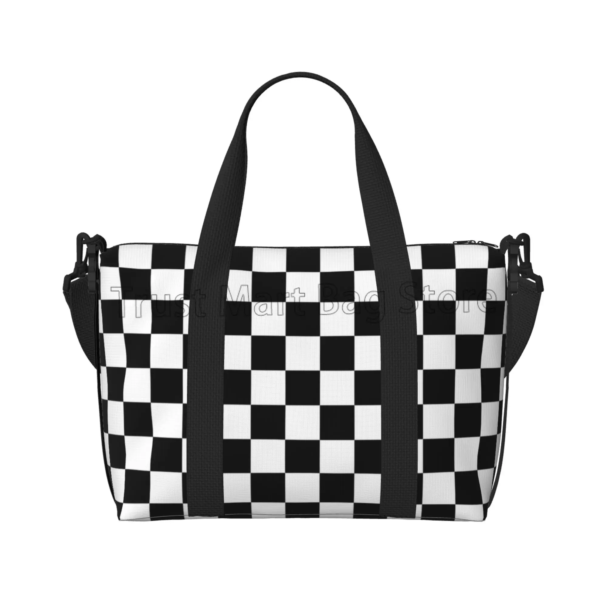 Black White Racing Checkered Print Travel Tote Bag Multipurpose Waterproof Weekender Bags Sports Gym Yoga Casual Luggage Bag