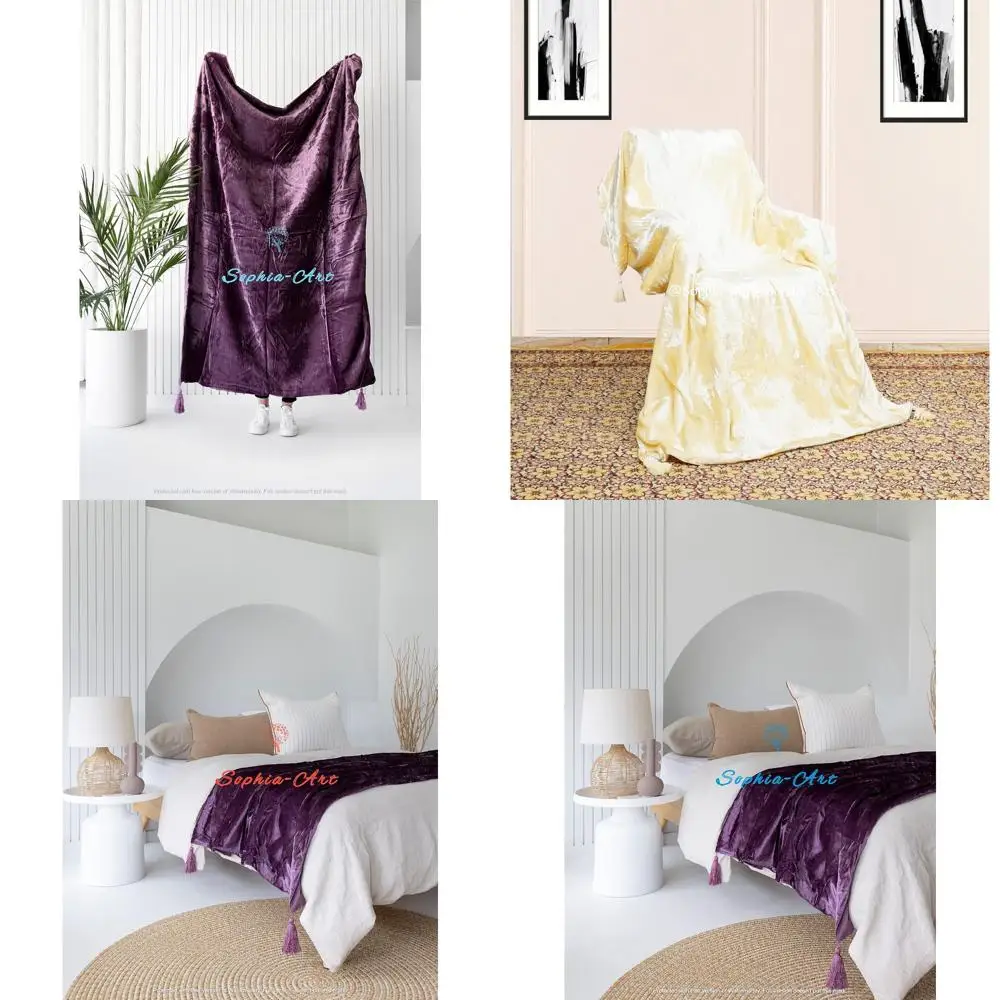 

Luxury Crushed Velvet Throw Blanket with Tassels - Soft Sofa Bed Boho Warm Throws Cozy Plush Lightweight Pet-Friendly