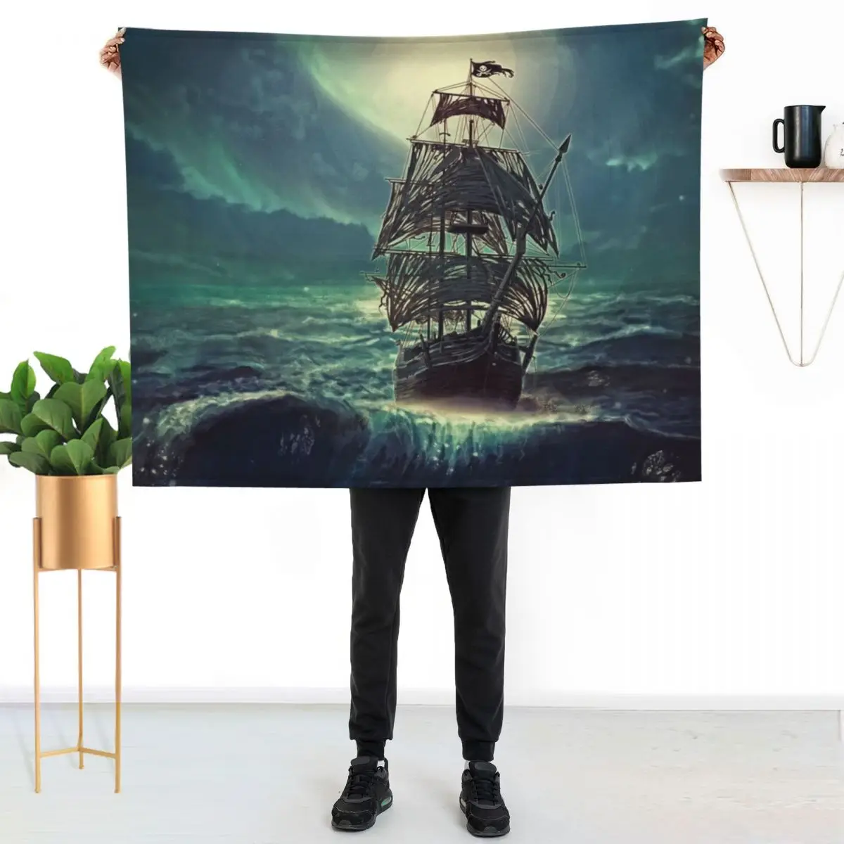 Manta suave de lana sherpa con diseño de barco pirata fantasma por la noche, manta cálida para el invierno