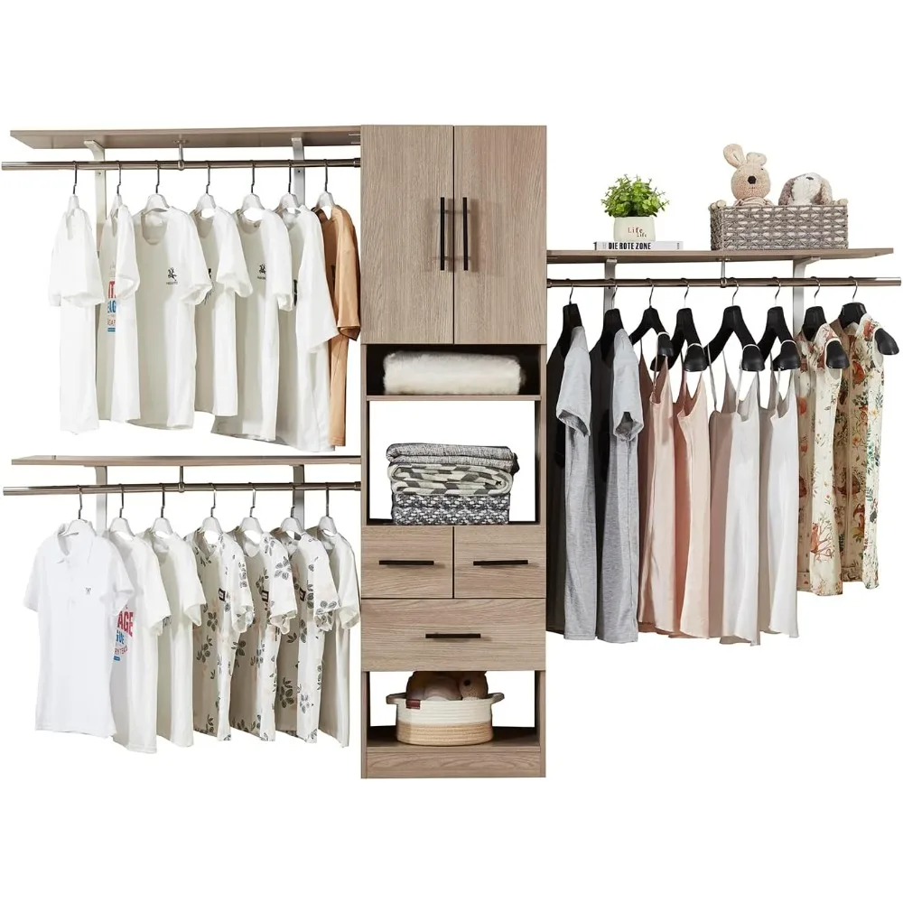 Closet Organizer System, Closet System Heavy Duty 3 Adjustable Clothes Rack with 3 Wood Drawers and 3 Tower, Built-In Wardrobe