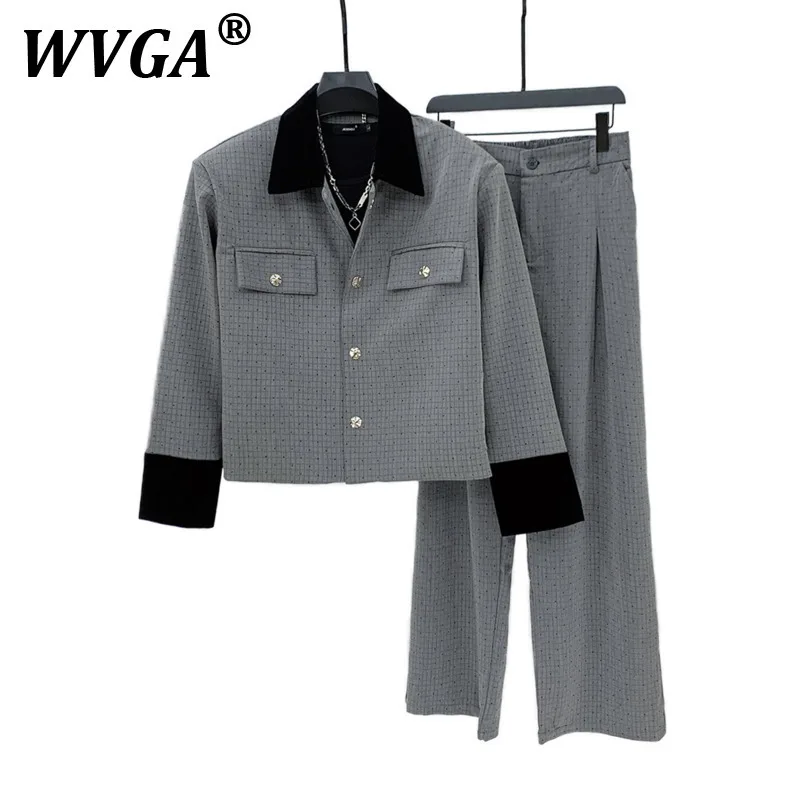 

WVGAspring Autumn New Man Plaid Hot Diamond Trendy Padded Shoulder Short Jacket Niche Casual Wide-Leg Pants Two-Piece Set W9217