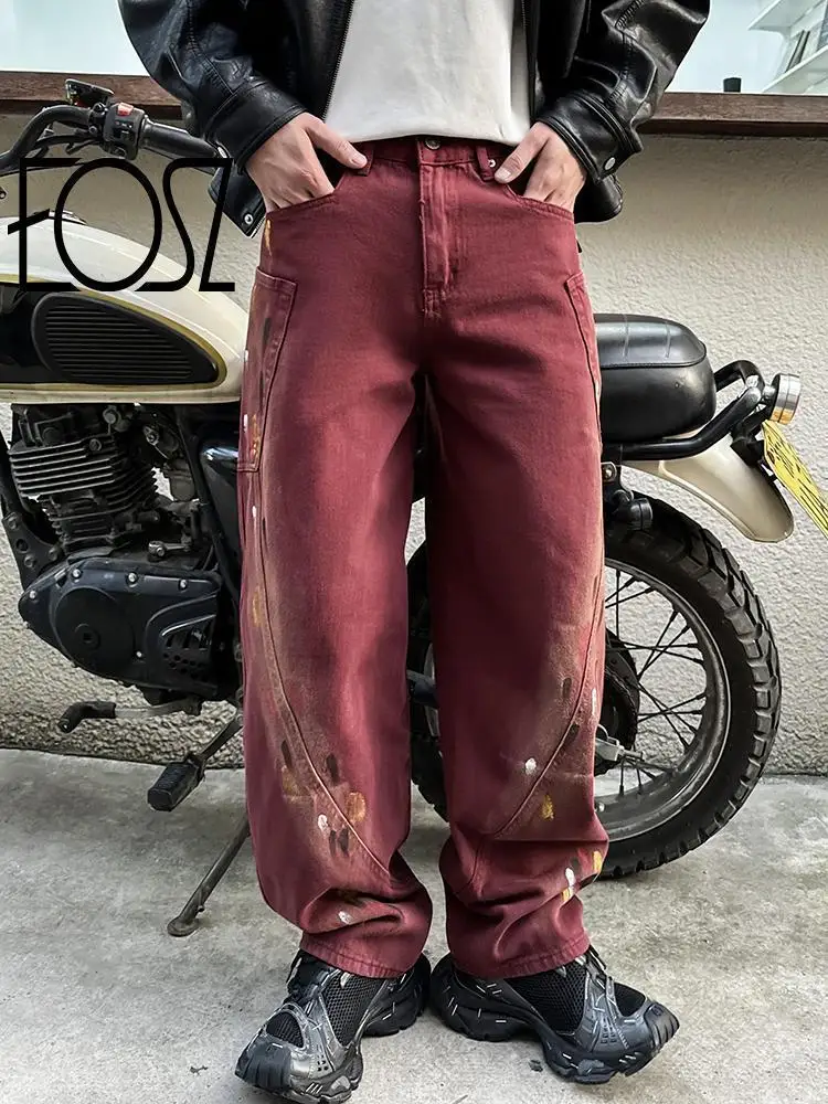 2025, Frühjahr und Sommer, neue High-End-Machete-Jeans mit Rotbemalung, gerade, lockere amerikanische High-Street-Mode für Herren, hübsch