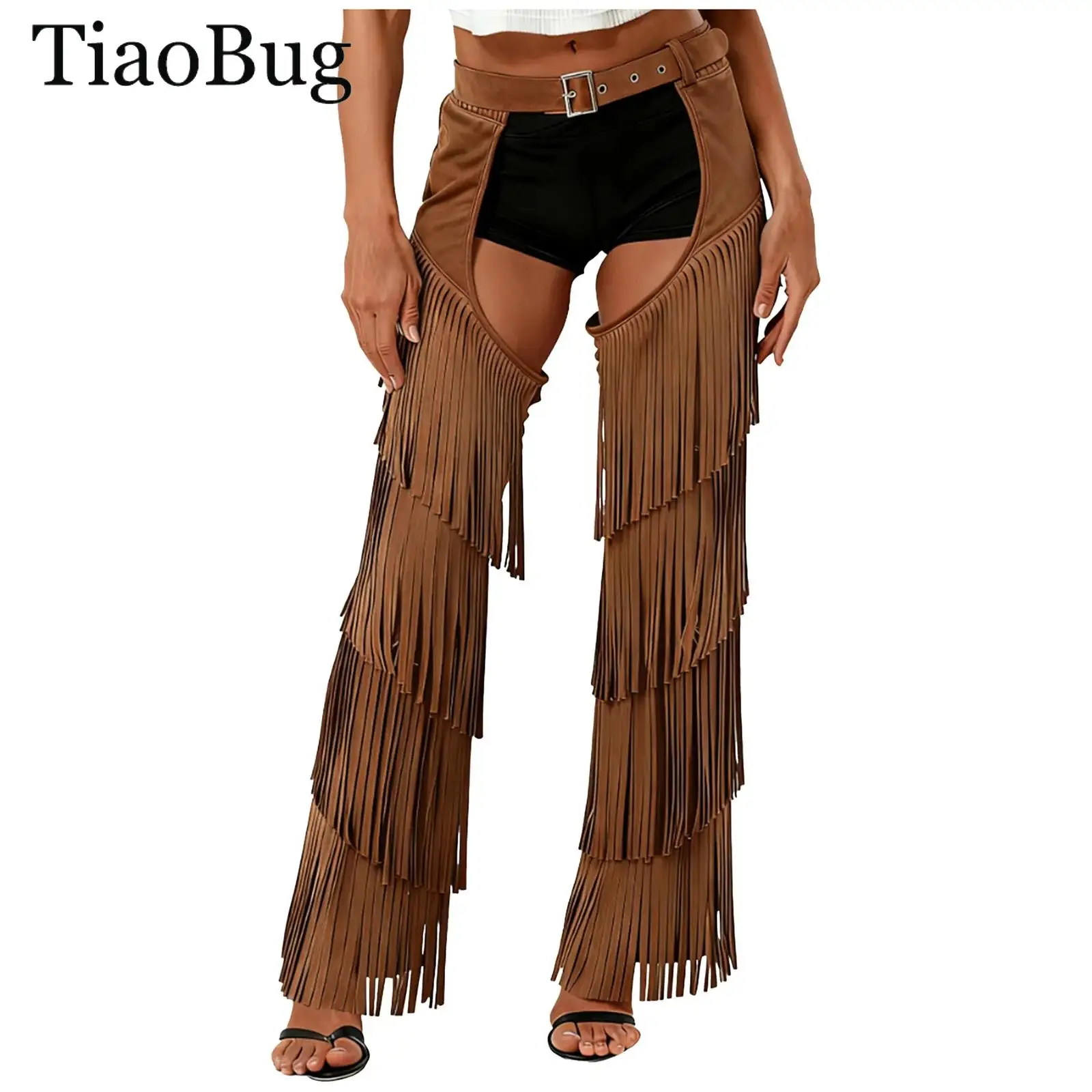 

Women Cowboy Chaps Pants Tassel Vintage Western Cowgirl Open Crotch Pants Fringe Western Motorcycle Trousers Raves Xmas Cosplay