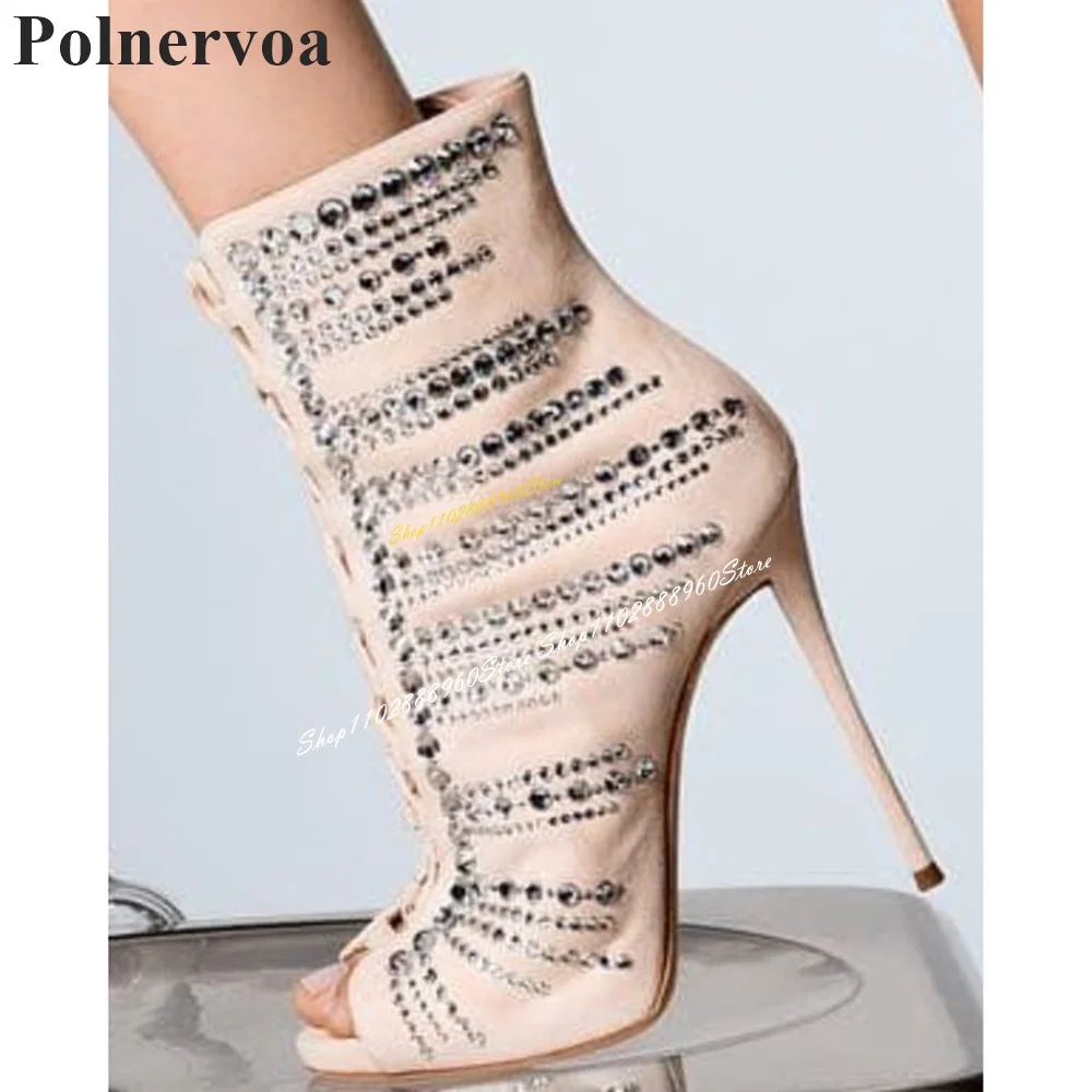 

Apricot Flock Crystal Decoration Cross Tied Boots Thin High Heel Shoes For Women Side Zipper Peep Toe 2024 Zapatos Para Mujere