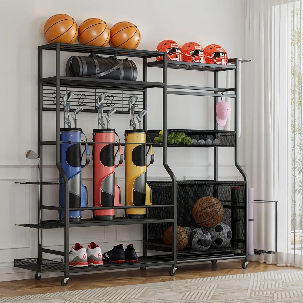 

Sports Equipment Organizer Golf Bags Storage Stand w/Wheel Gear Accessories Rack
