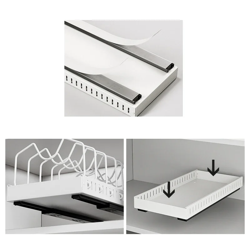 رف أوعية قابل للسحب للمطبخ قابل للتعديل، رف تقسيم لأطباق الخزانة مع قضبان منزلقة