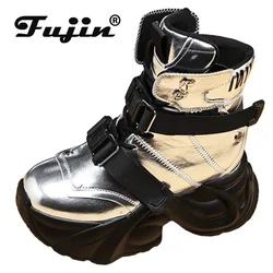 Fujin 9cm Synthetic 2024 Patent Leather Synthetic Platform Wedge Ankle Booties Women Fashion Chunky Sneakers Spring Autumn Shoes