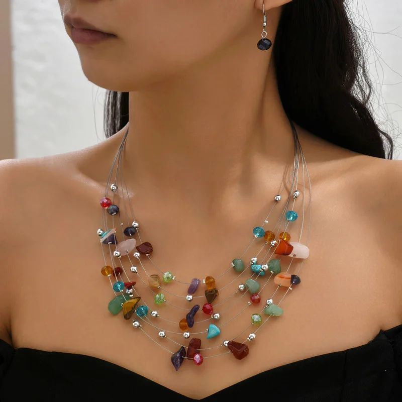 KMVEXO Multilayer Colorful Crystal Stone Beads Necklace Earrings Set Women African Beads Jewelry Set Bijoux Femme Wedding Party