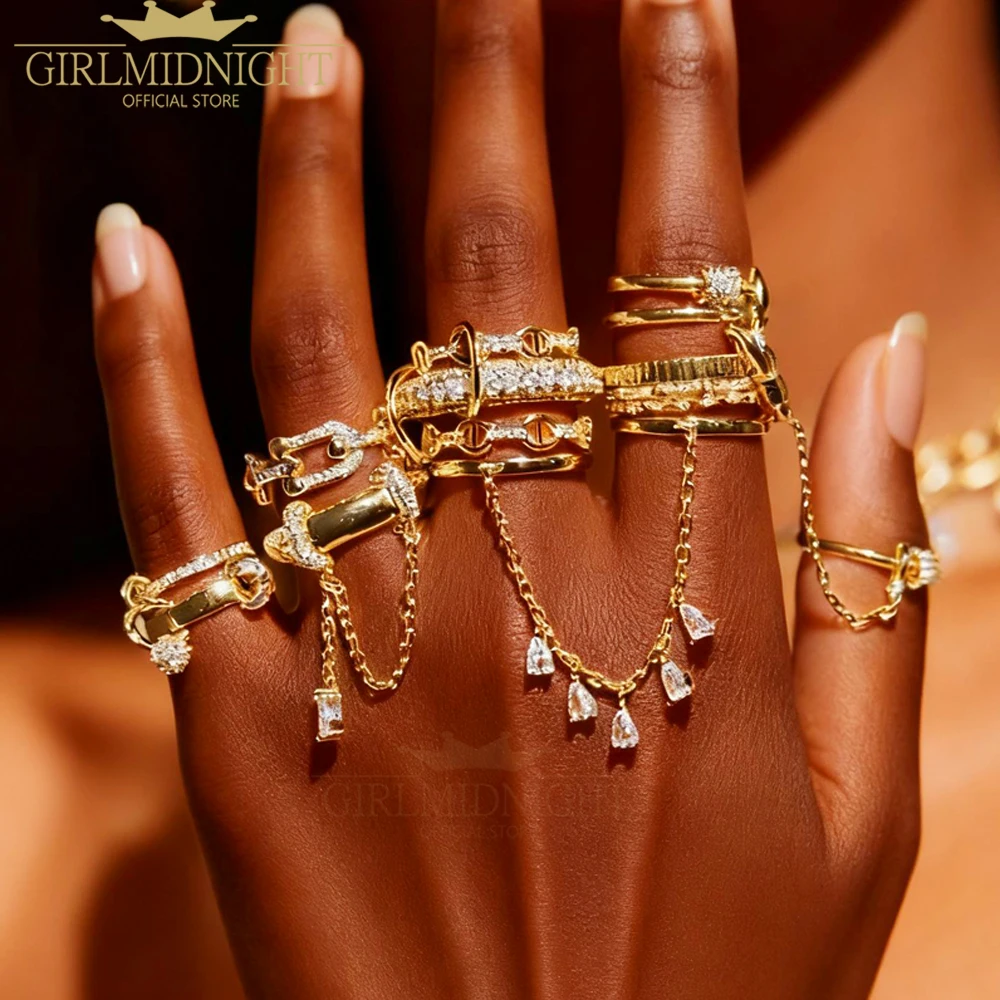 2025 New Cubic Zirconia Tear Drop Link Chain Rings For Women Girls Unique Geometric Design Party Dating Promise Jewelry