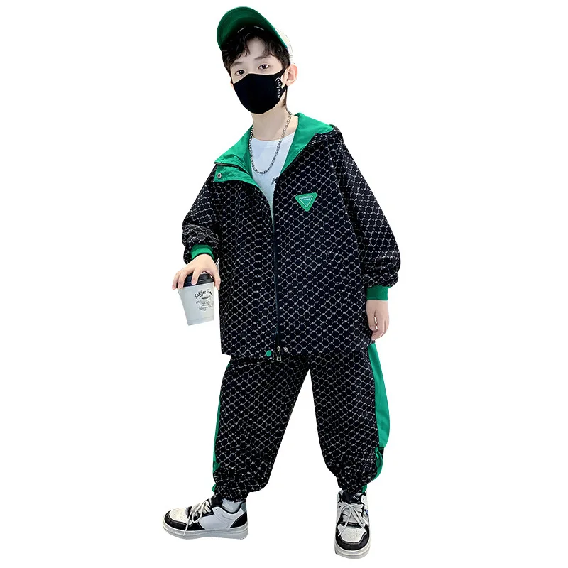 New Children Two Pieces Set Spring Fall Boys Fashion Zipper Hooded Printed Letter Full Sleeves Coats Spliced Ankle-Length Pants