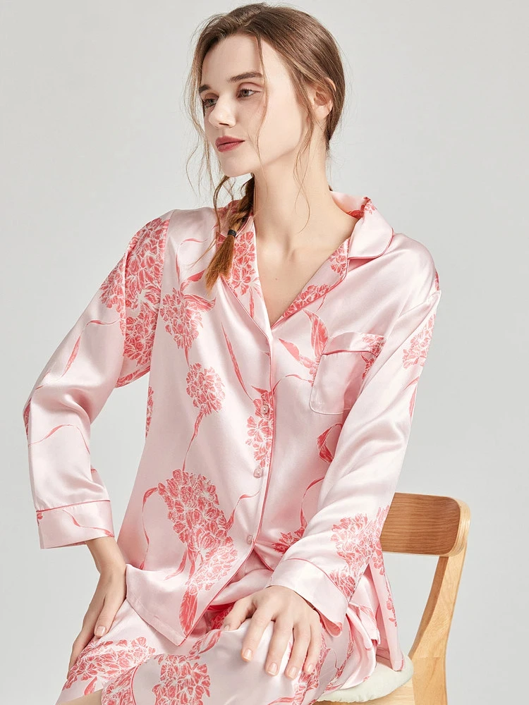 Heavyweight 100% Mulberry Silk Women's Pajamas Spring Sleepwear Long Sleeves Pajama Set Buttons Lapel Top With Elastic Pants PJS