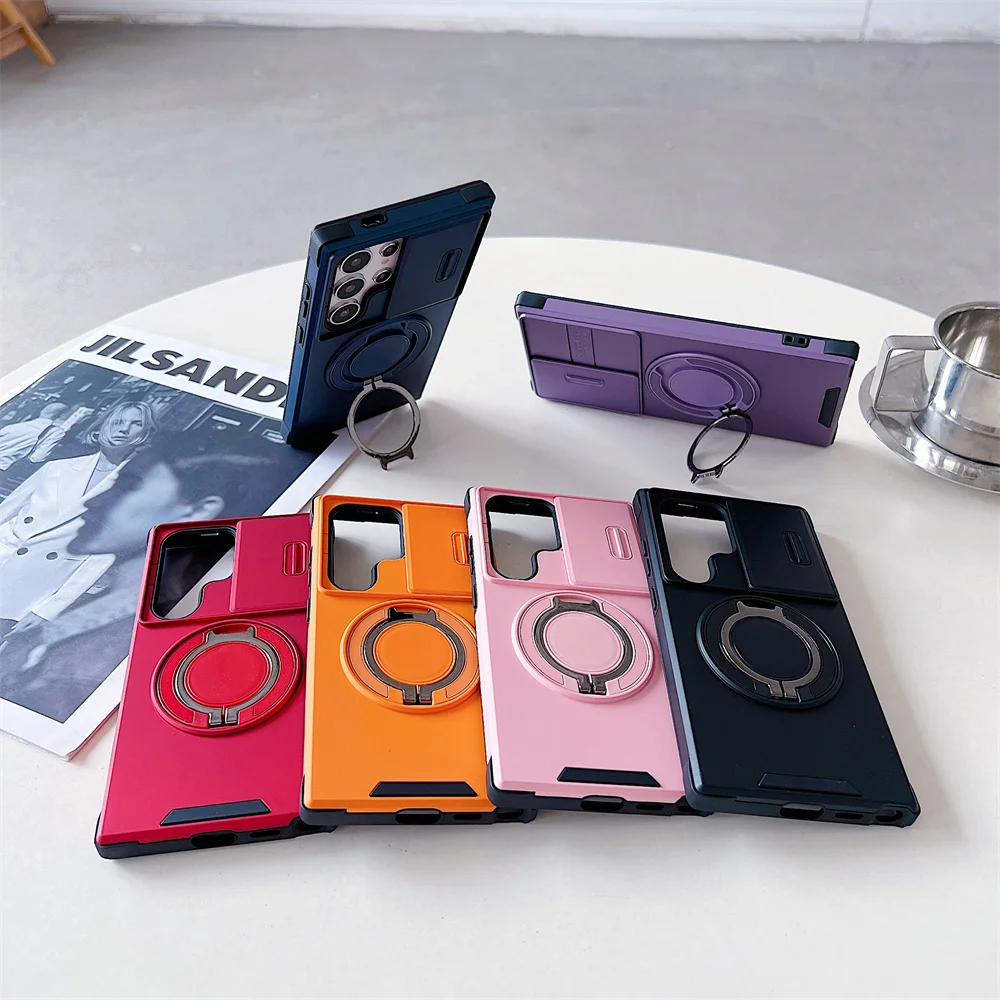 S25 FE Case Slide Camera Cover For Samsung S26 Ultra S24 Plus S23 S22 S21 Rotating Kickstand Rugged Shockproof Phone Capa Funda