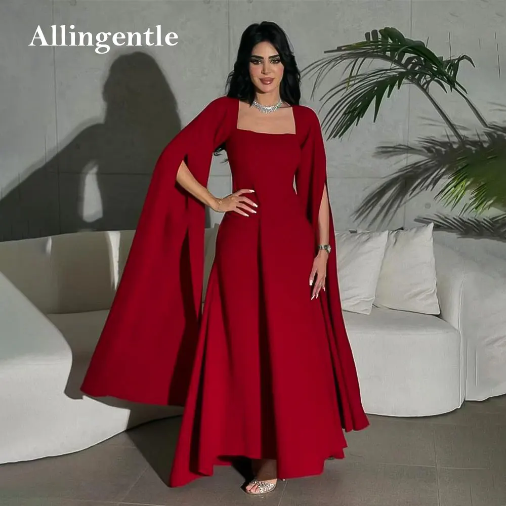 

Red A-Line Dubai Arabic Evening Dress for Women Square Neck Tea-Length Long Prom Gown Customized Formal Party Fashion Dress
