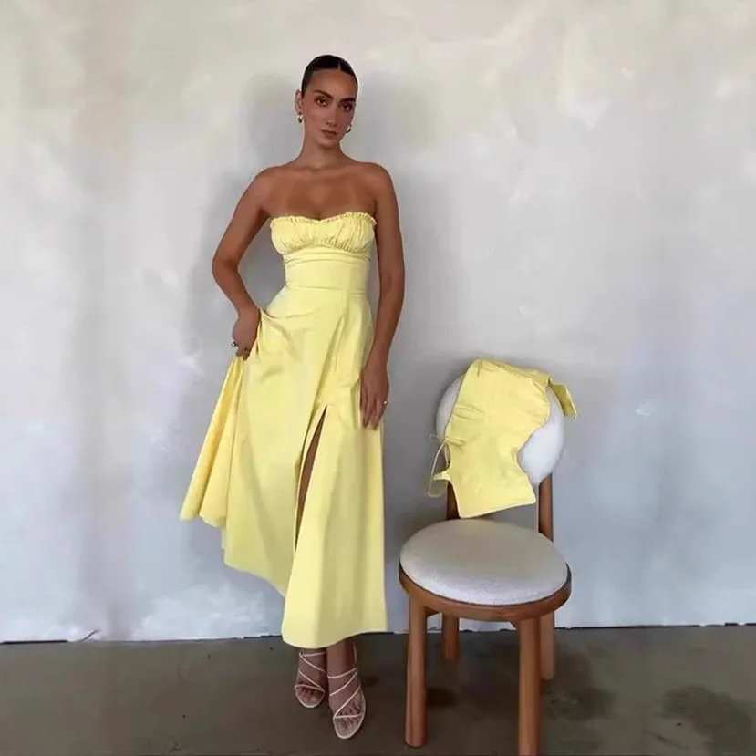 

Women's summer temperament fashion split high-waist dress with tube top two-piece set