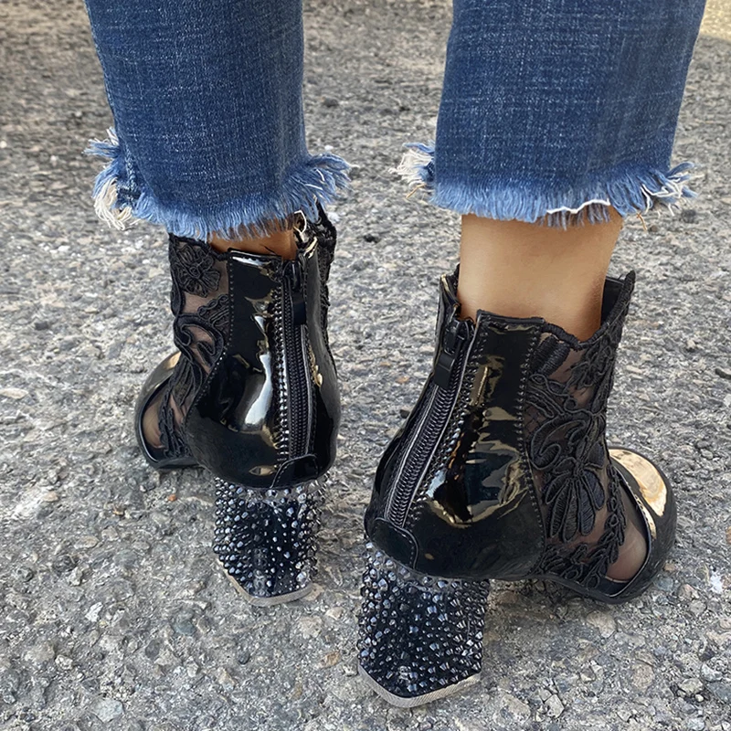 Rimocy Sexy Black Mesh Embroider Ankle Boots for Women Summer 2020 Crystal Square Heels Boots Woman white Lace Short Botas mujer