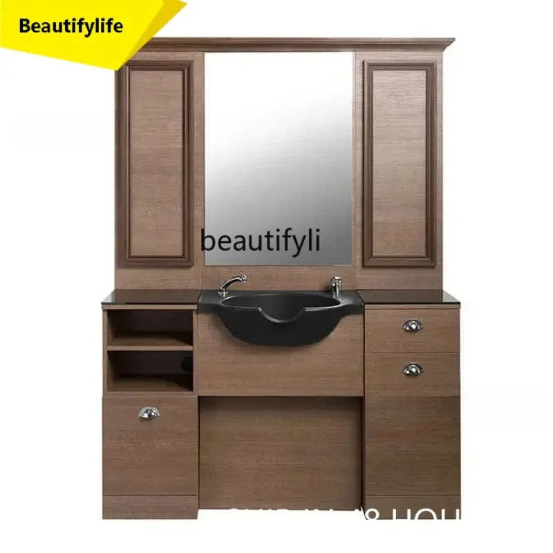 Barber Shop Dressing Table Retro Hair Salon Mirror with Shampoo Basin Hairdressing Dressing Table One