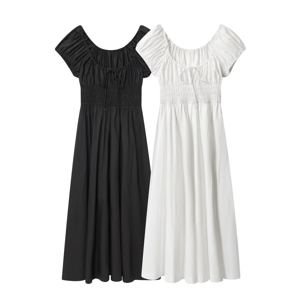 Jesienna nowa kolekcja odzieży damskiej, francuski styl retro, prosty krój, sznurowana, z krótkim rękawem, jednolita, z elastyczną talią, długa sukienka.