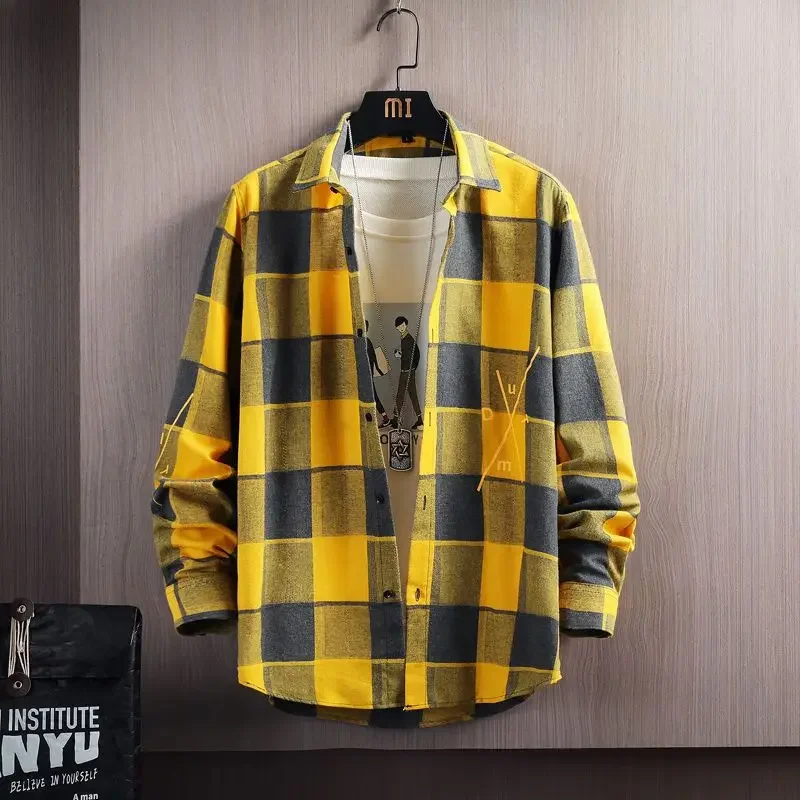 2024 New Spring and Autumn Men's Lapel Loose Plaid Button Printed Pocket Casual Fashion Elegant Commuting Long Sleeved Shirt