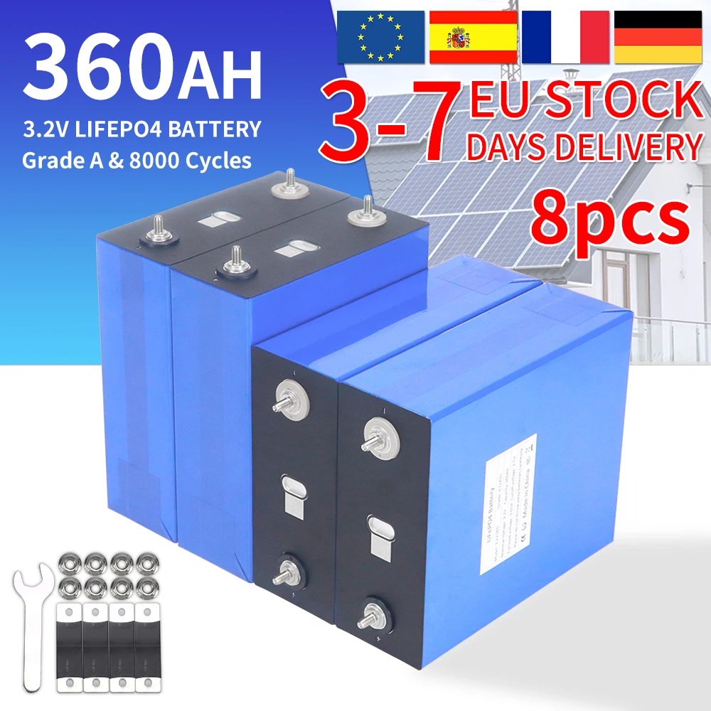 Hoge capaciteit 12V 350AH 3.2V 360AH Lifepo4 Lithium IJzer Fosfaat Batterij 12V 24V 36V 48V Graad A Oplaadbare Cellen Zonne-opslag EU Voorraad Belastingvrij