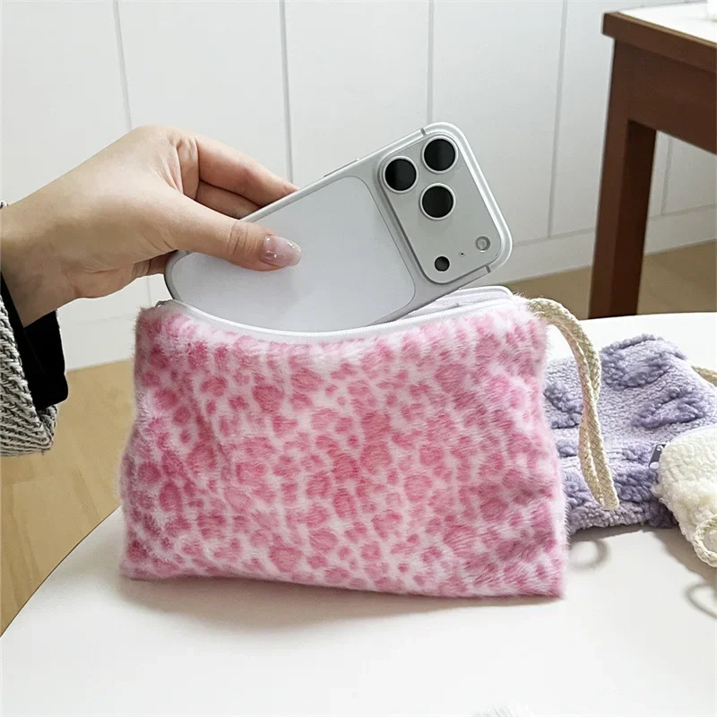 Cute Heart Leopard Cloth Makeup Bag Soft Fluffy Cosmetic Pouch with Wrist Strap Travel Toiletry Storage Bag for Women Girls
