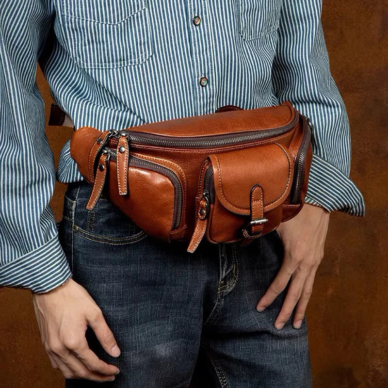 Riñonera de cuero genuino para el pecho para hombre, bolso de cintura para deportes al aire libre, a la moda, de cuero de vaca, con cremallera, para