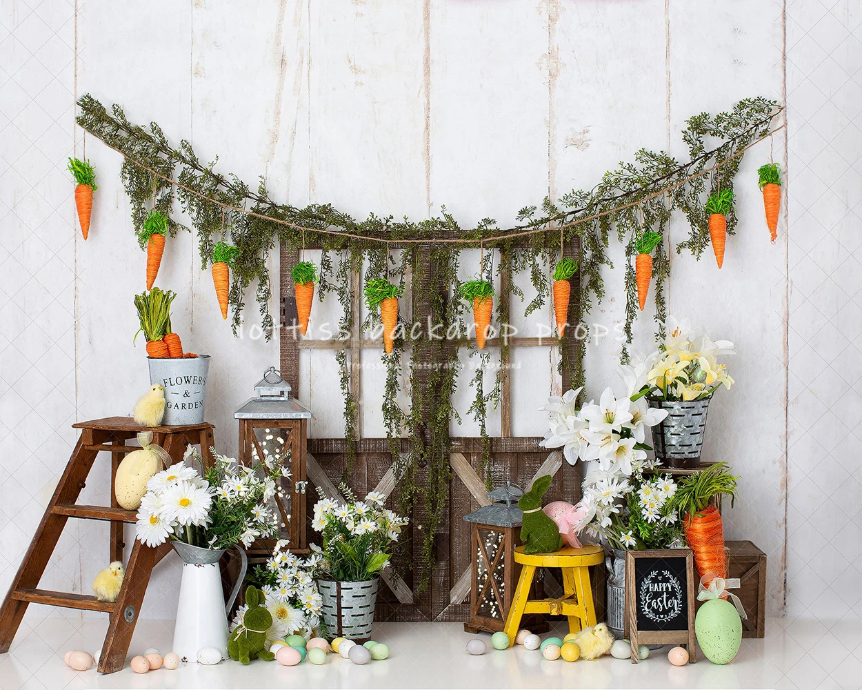 Easter Bunny Barn Door Backdrops Kids Baby Photography Child Adult Photocall Spring Carrots Plants Spring Floral Backgrounds