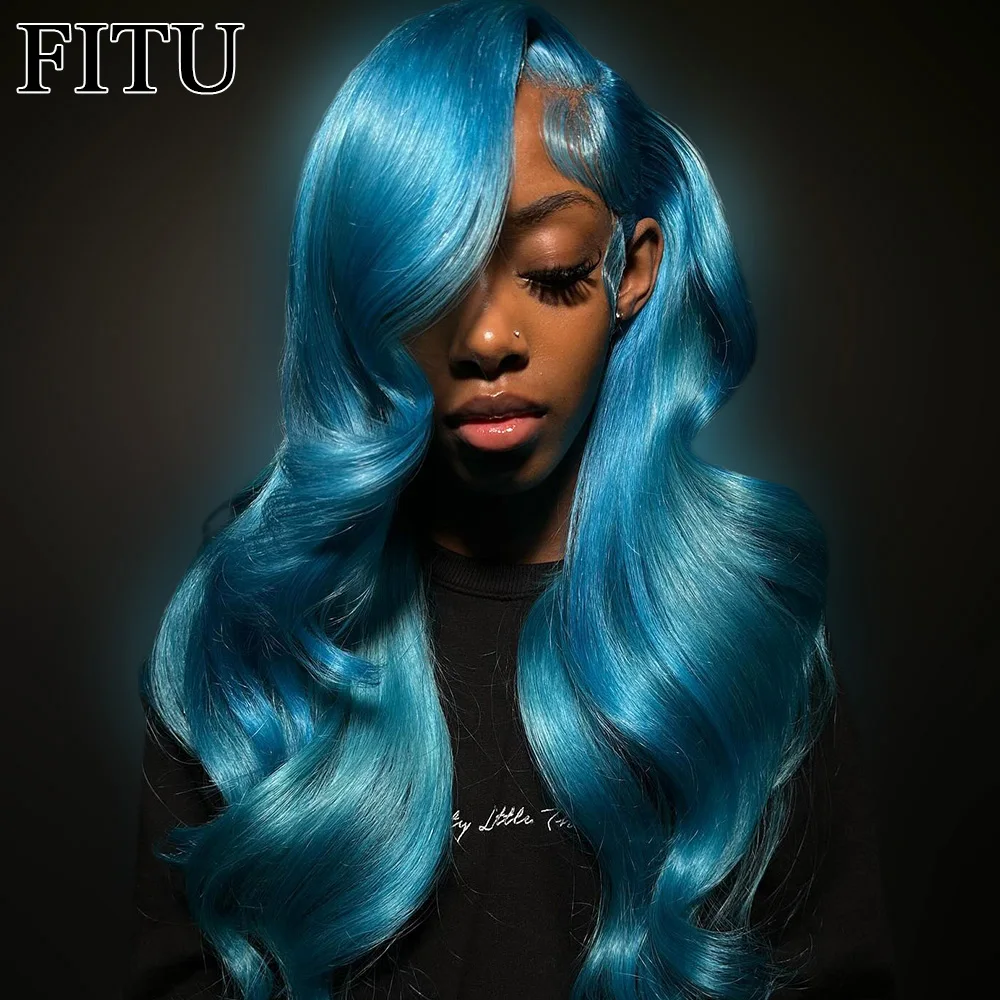 

FITU Blue Transparent 13x6 13x4 Lace Frontal Human Hair Wig 613 Colored Plucked With Baby Hair 5x5 Lace Closure Wig