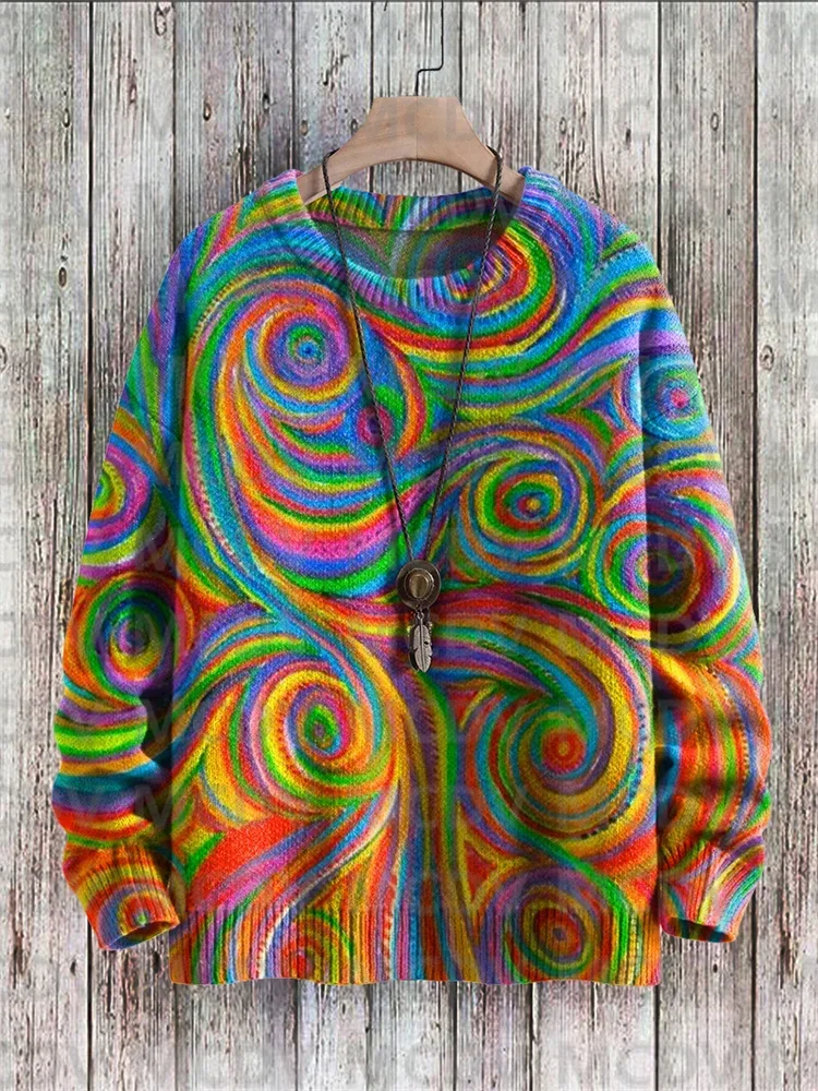 Sweater Pullover rajut pria dan wanita, seni pelangi kasual cetak banyak warna