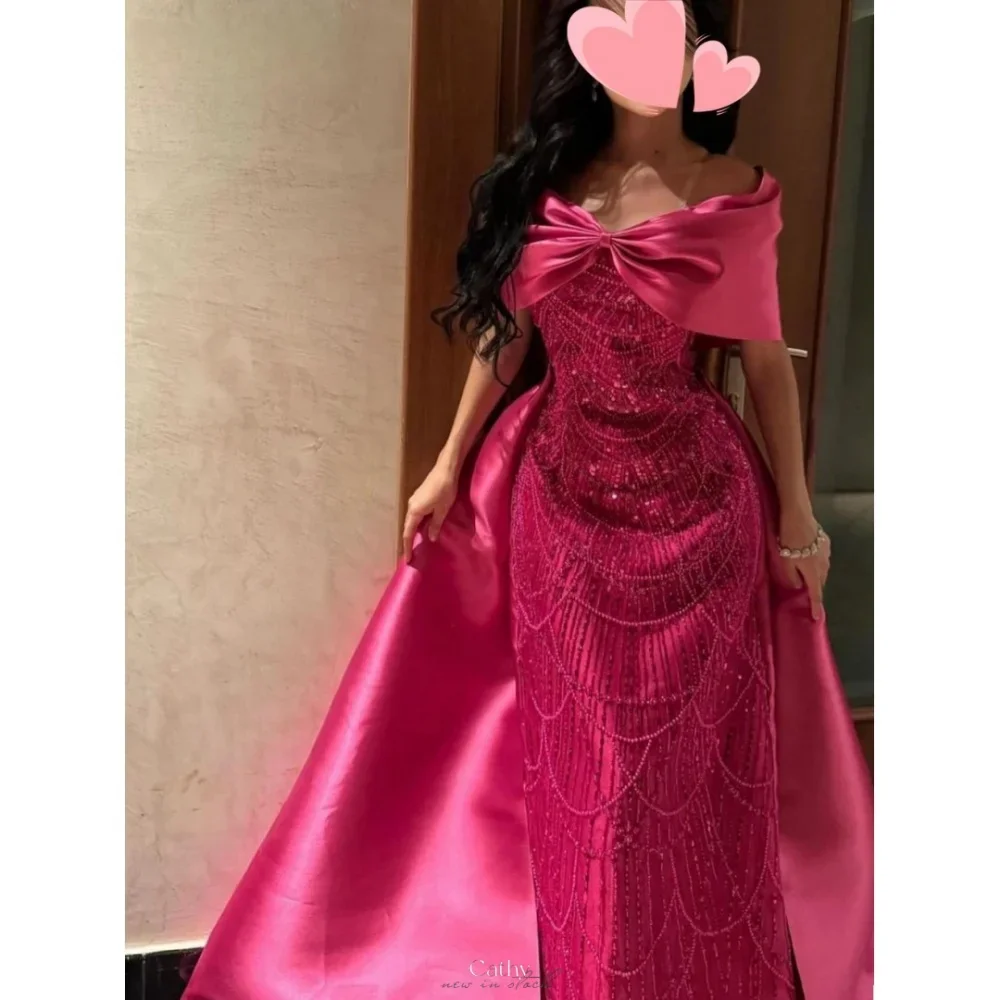 

Фуксия с бантом и шалью с открытыми плечами Вечерние платья Vestidos de Noche Русалка Бисероплетение Пром платья для выпускного вечера Индивидуальный трикотаж