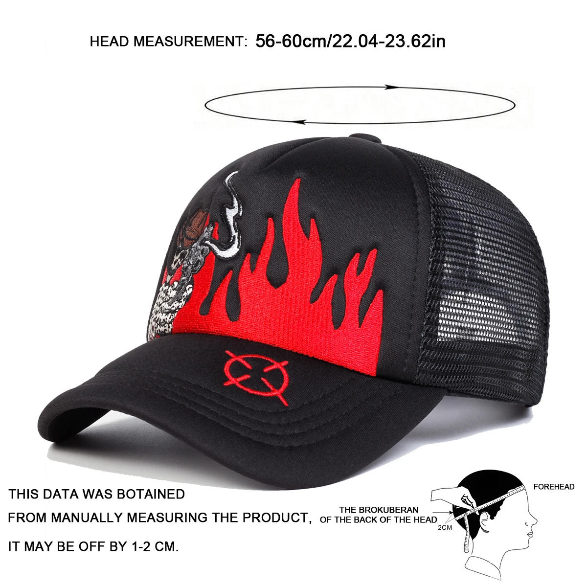 Unisex Skull Flame Embroidery Baseball Net Caps Spring and Summer Outdoor Adjustable Casual Hats Sunscreen Hat