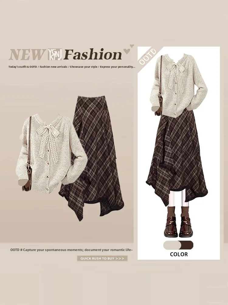 

Sweet Sle Women's Outfit Winter Lazy Sle Knot Open Cardigan Asymmetrical Plaid Skirt Two-Piece Set